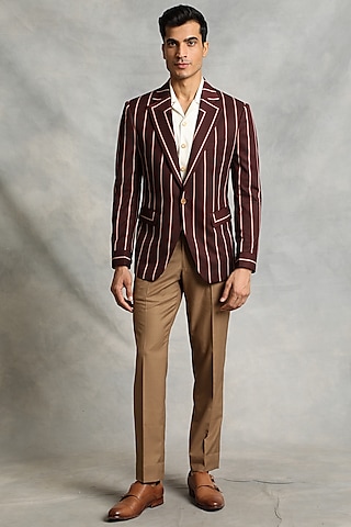 Maroon Poly Viscose Striped Blazer Set by Gargee Designers