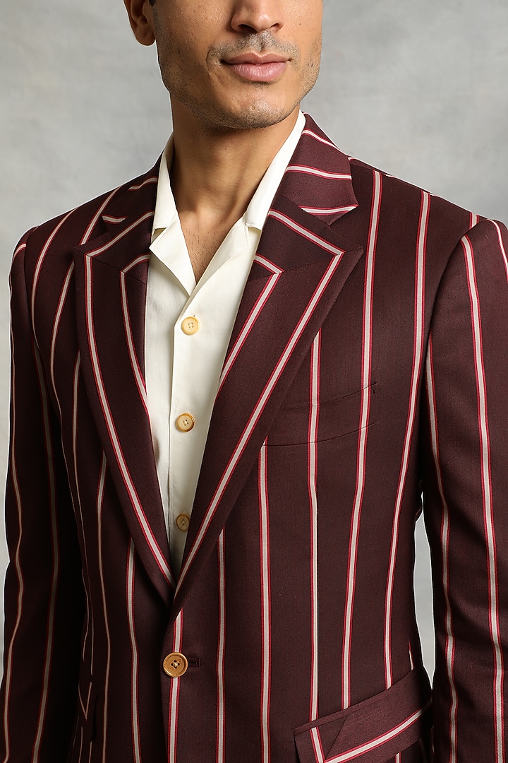Maroon Poly Viscose Striped Blazer Set by Gargee Designers at Pernia's Pop Up Shop