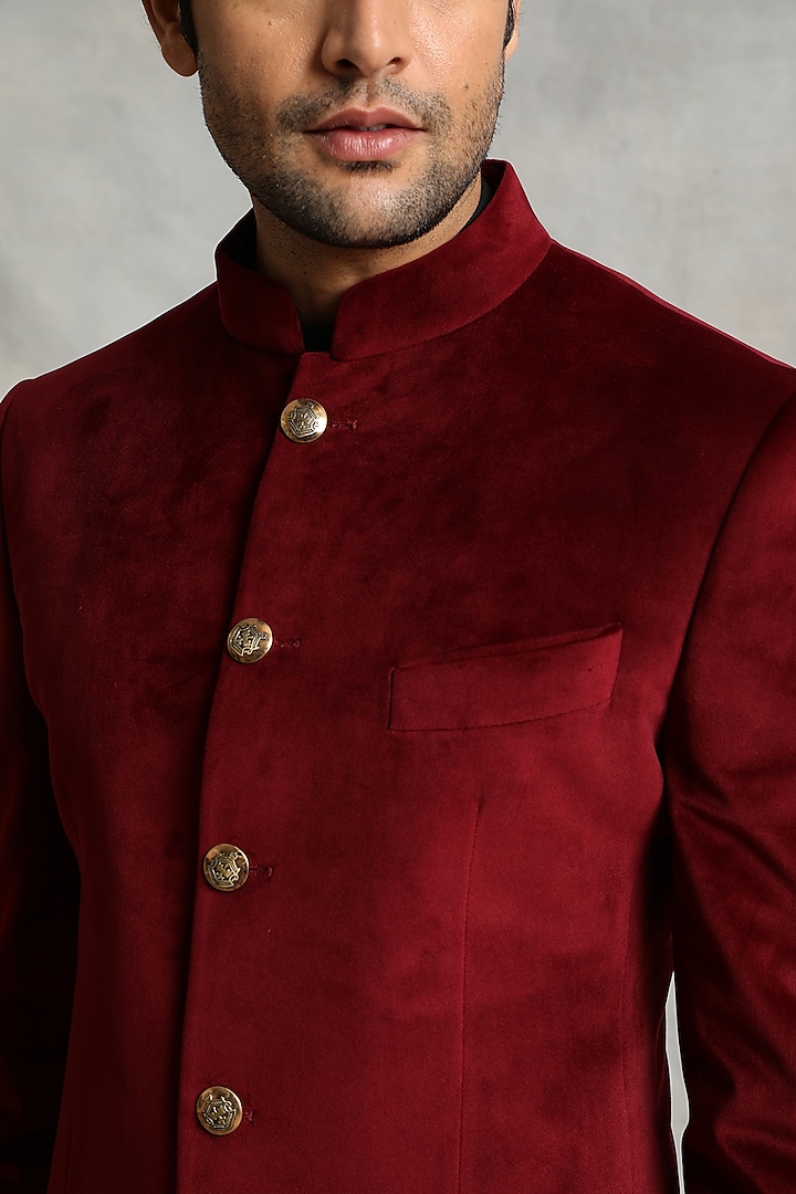 Maroon Velvet Wedding Bandhgala Jacket Set by Gargee Designers at Pernia's Pop Up Shop