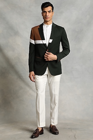 Dark Green Poly Viscose Blazer Set by Gargee Designers