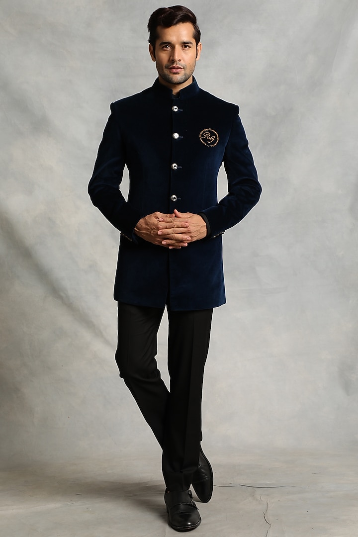 Teal Blue Hand Embroidered Wedding Bandhgala Jacket Set by Gargee Designers at Pernia's Pop Up Shop