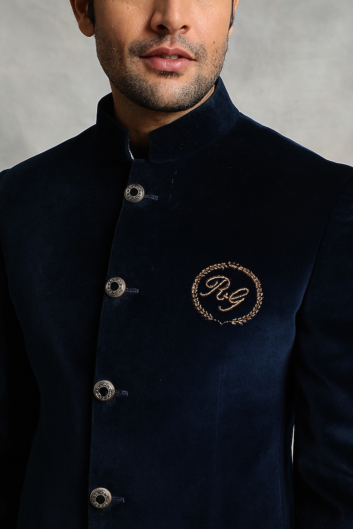 Teal Blue Hand Embroidered Wedding Bandhgala Jacket Set by Gargee Designers at Pernia's Pop Up Shop