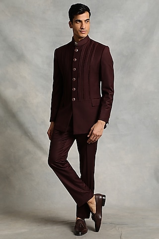 Wine Pleated Bandhgala Jacket Set by Gargee Designers