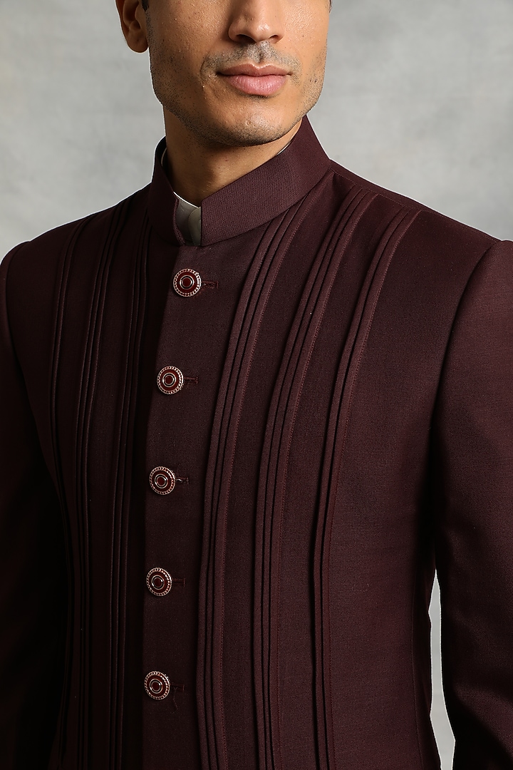 Wine Pleated Wedding Bandhgala Jacket Set by Gargee Designers at Pernia's Pop Up Shop