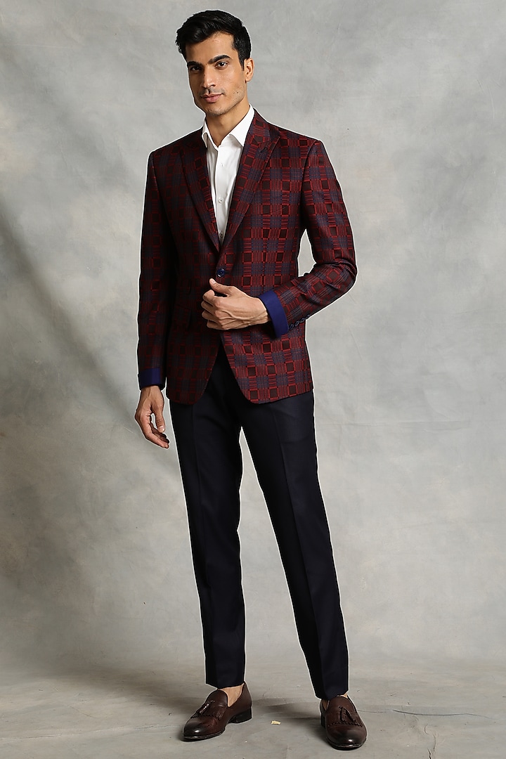 Red & Blue Poly Viscose Checkered Blazer Set by Gargee Designers