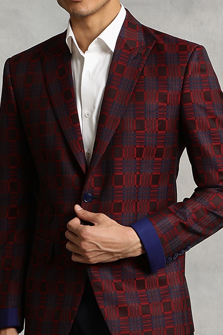 Red & Blue Poly Viscose Checkered Blazer Set by Gargee Designers at Pernia's Pop Up Shop