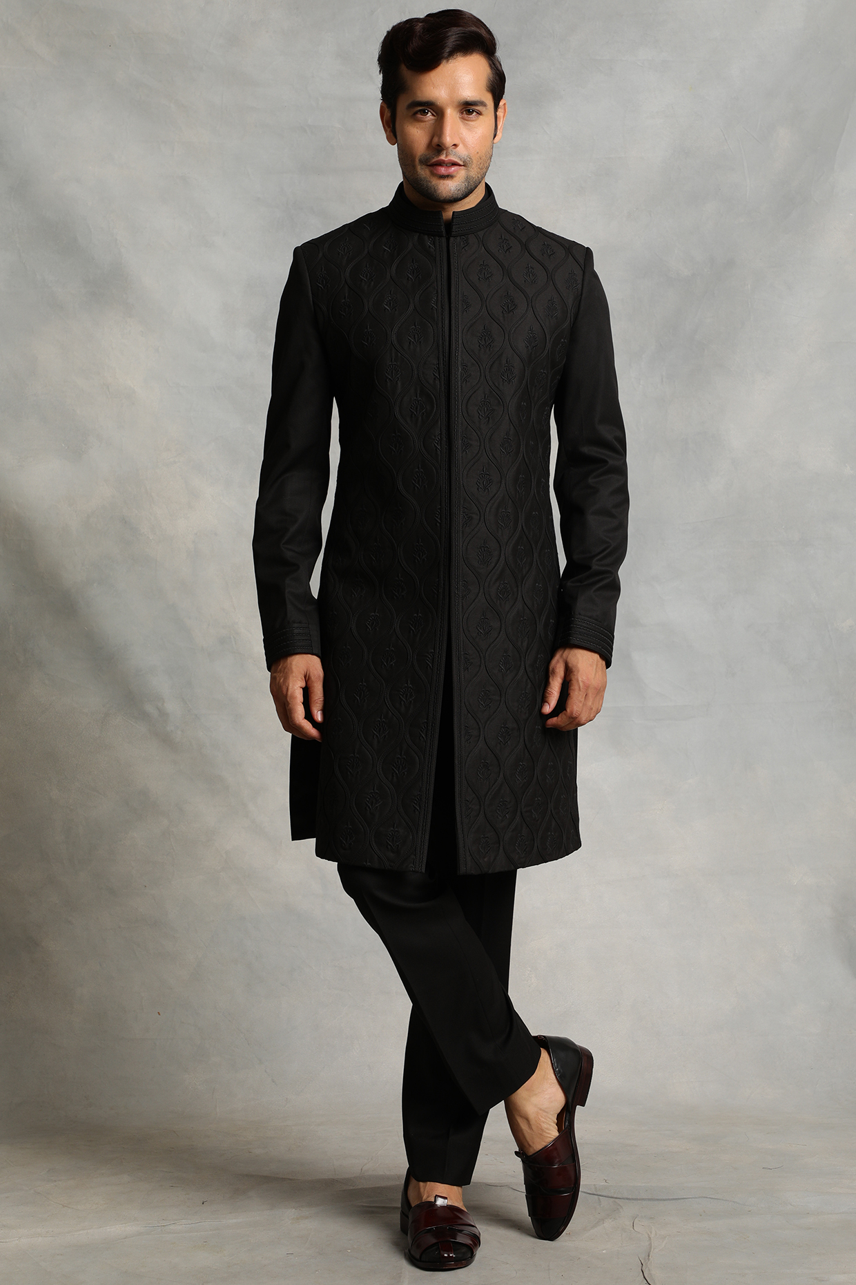Black Embroidered sherwani set by Gargee Designers