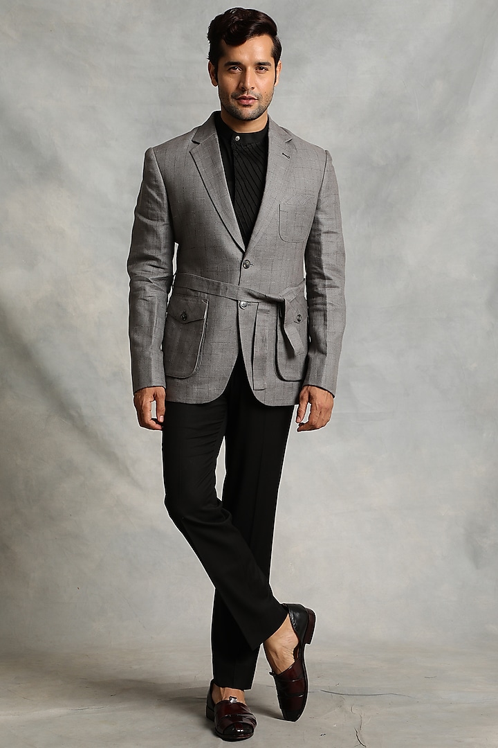 Grey Linen Checkered Blazer Set by Gargee Designers