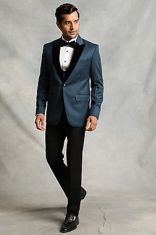 Teal Blue Poly Viscose Tuxedo Set by Gargee Designers