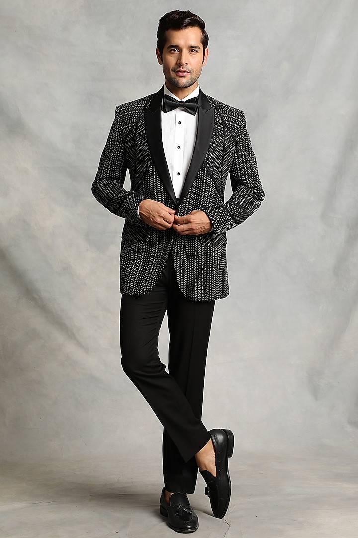 Black Poly Viscose Embroidered Tuxedo Set by Gargee Designers