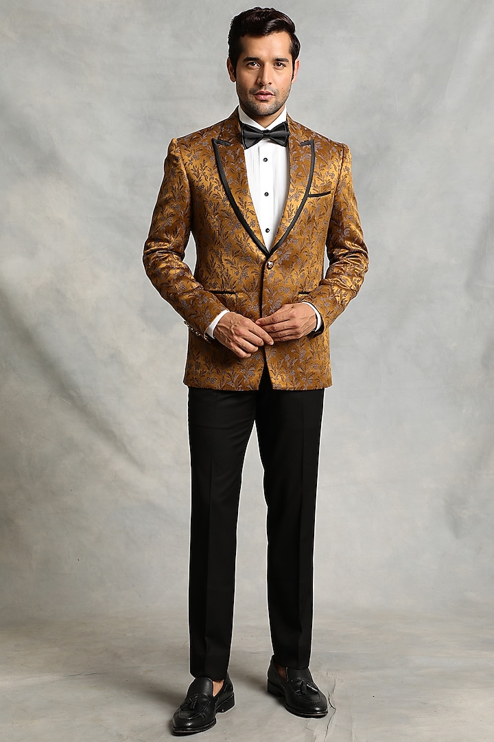 Gold Viscose Jacquard Tuxedo Set by Gargee Designers