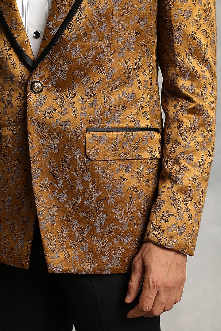 Gold Viscose Jacquard Tuxedo Set by Gargee Designers at Pernia's Pop Up Shop