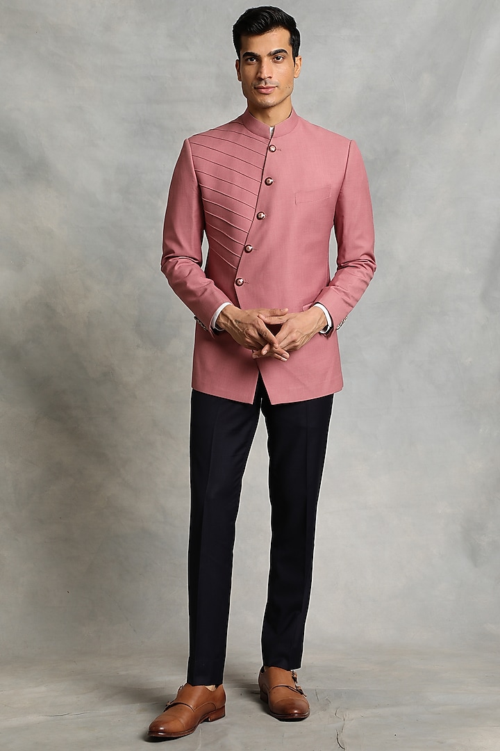 Pink Pintucked Bandhgala Jacket Set by Gargee Designers