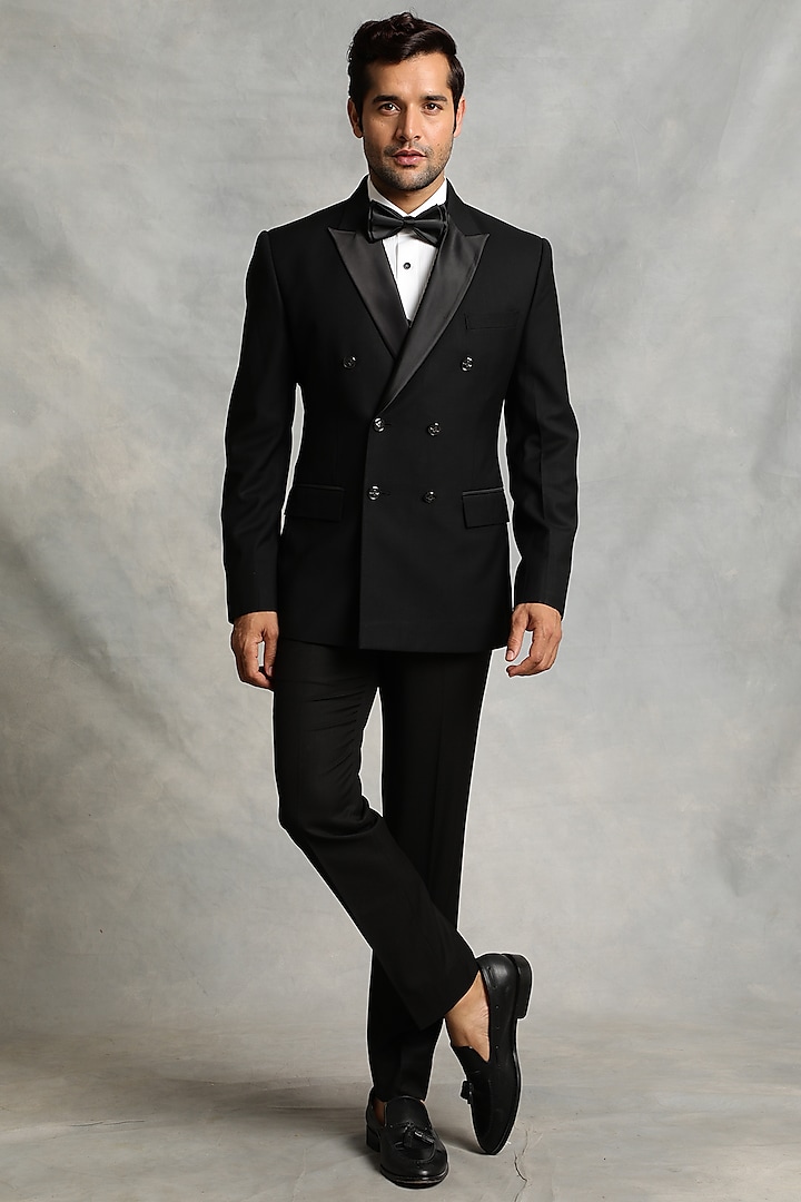 Black Poly Viscose Tuxedo Set by Gargee Designers