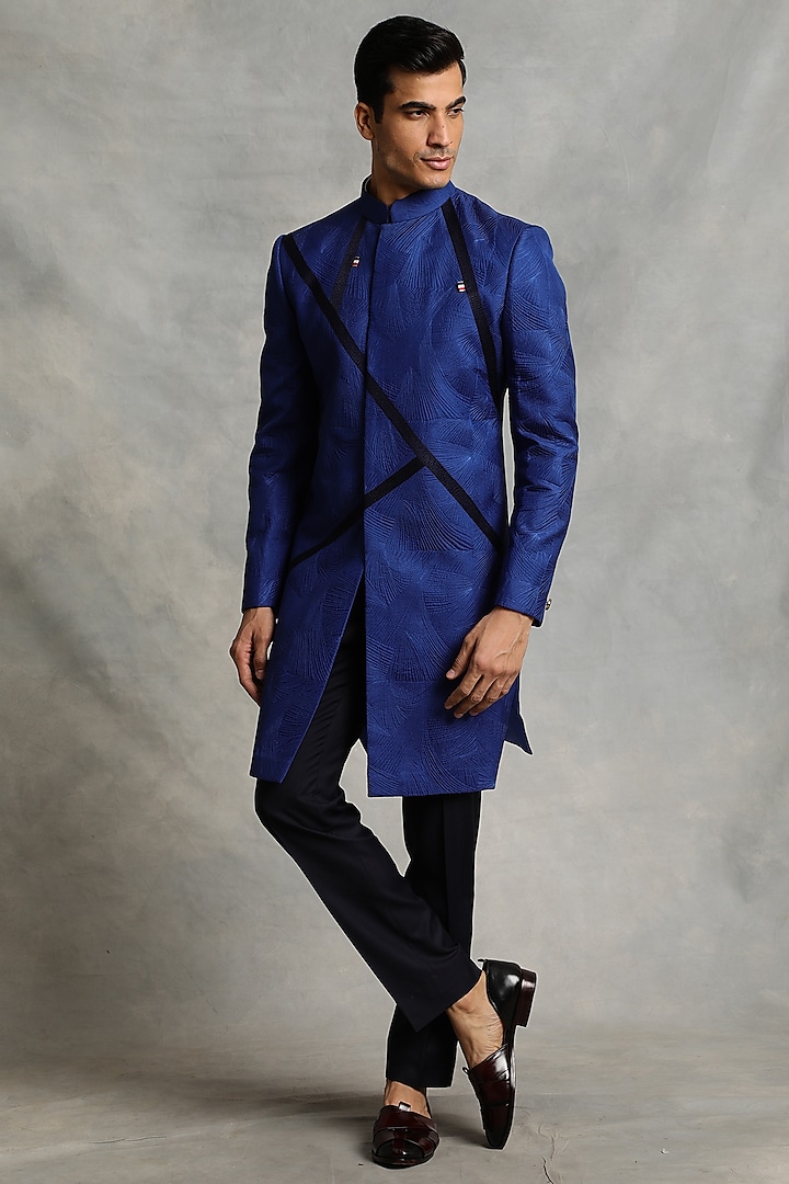 Cobalt Blue Silk Tafettea Indo Western Set by Gargee Designers