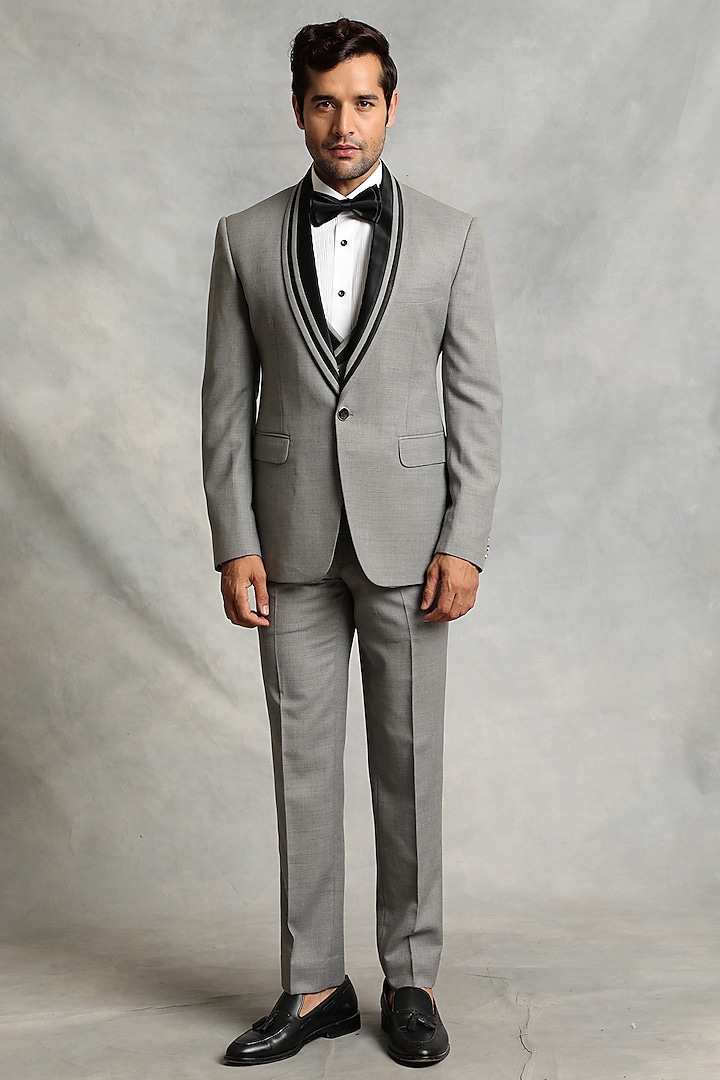 Light Grey Poly Viscose Tuxedo Set by Gargee Designers