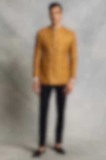 Mustard Linen Jacquard Bandhgala Jacket Set by Gargee Designers