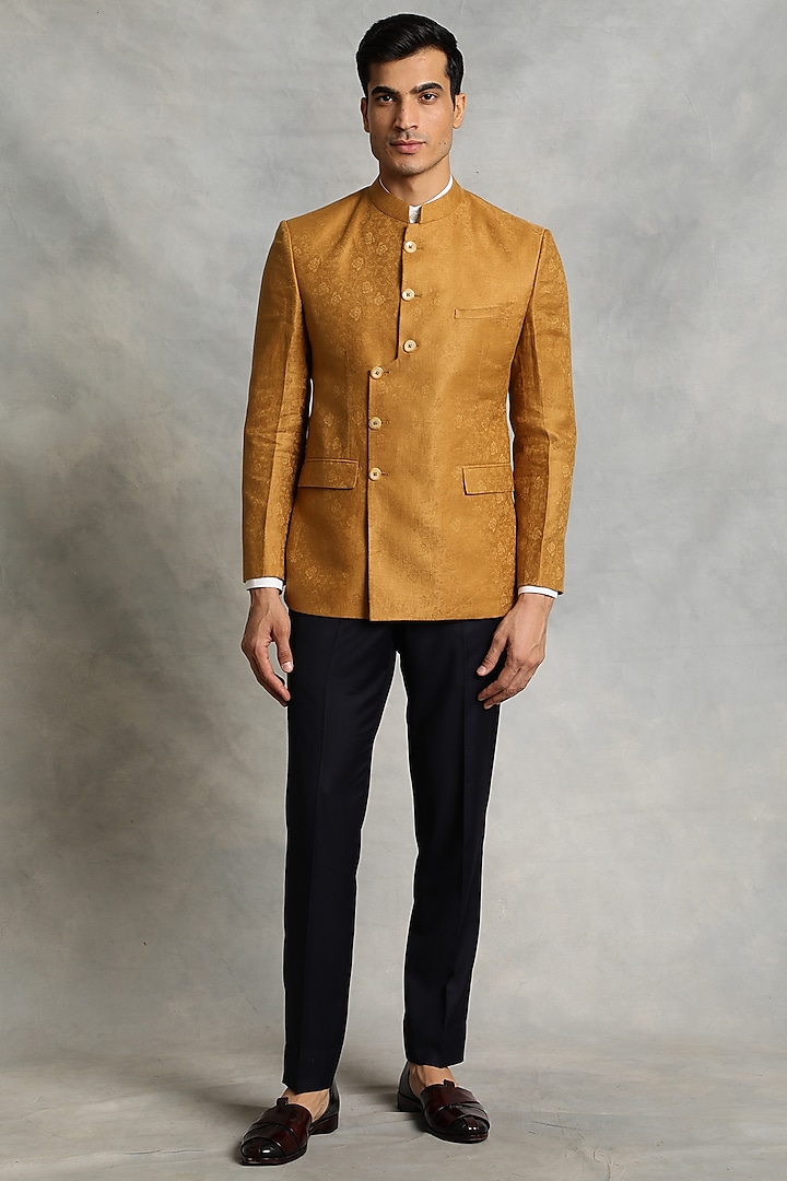 Mustard Linen Jacquard Bandhgala Jacket Set by Gargee Designers