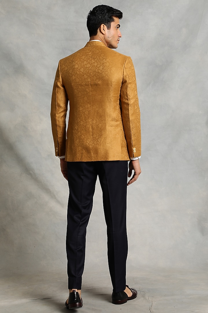 Mustard Linen Jacquard Bandhgala Jacket Set by Gargee Designers at Pernia's Pop Up Shop