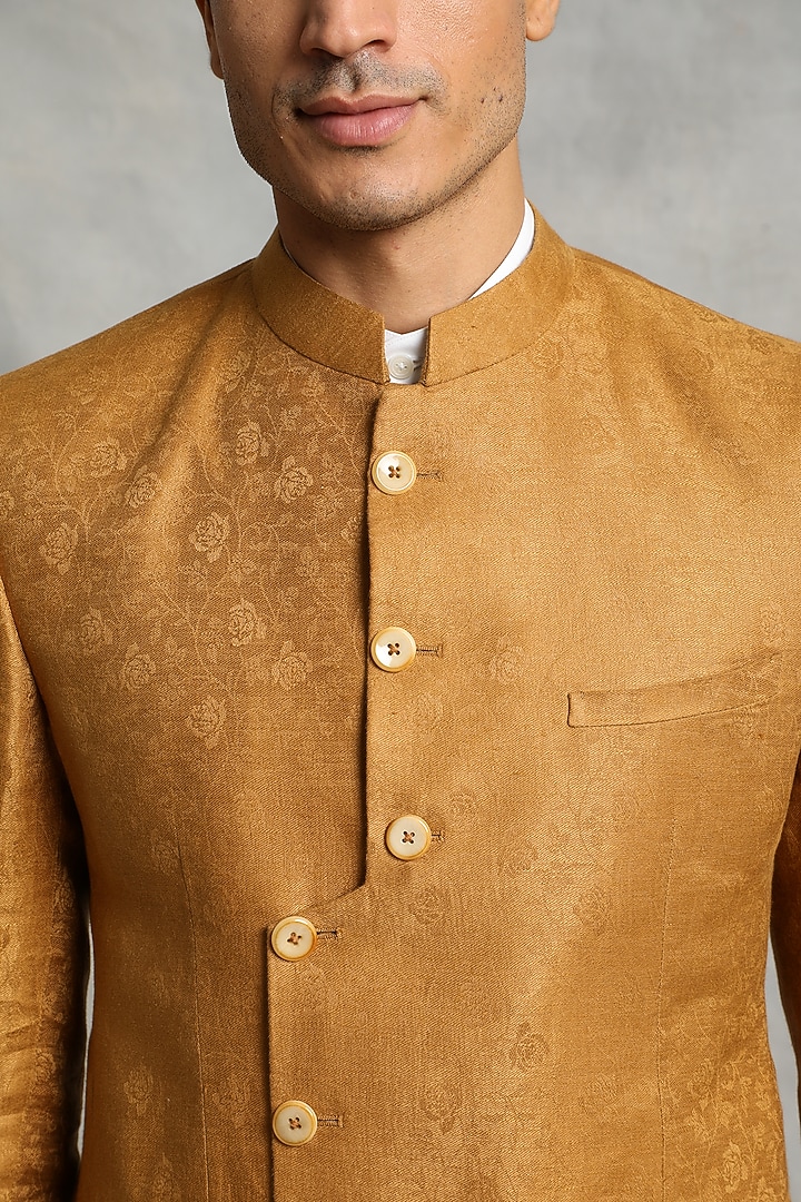 Mustard Linen Jacquard Bandhgala Jacket Set by Gargee Designers at Pernia's Pop Up Shop