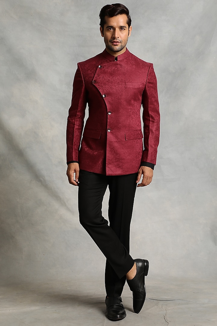 Maroon Linen Jacquard Bandhgala Jacket Set by Gargee Designers