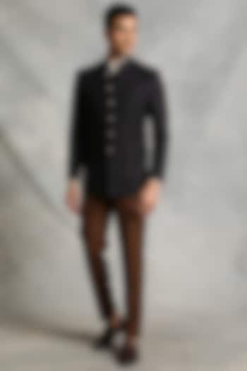 Navy Blue Viscose Jacquard Bandhgala Jacket Set by Gargee Designers
