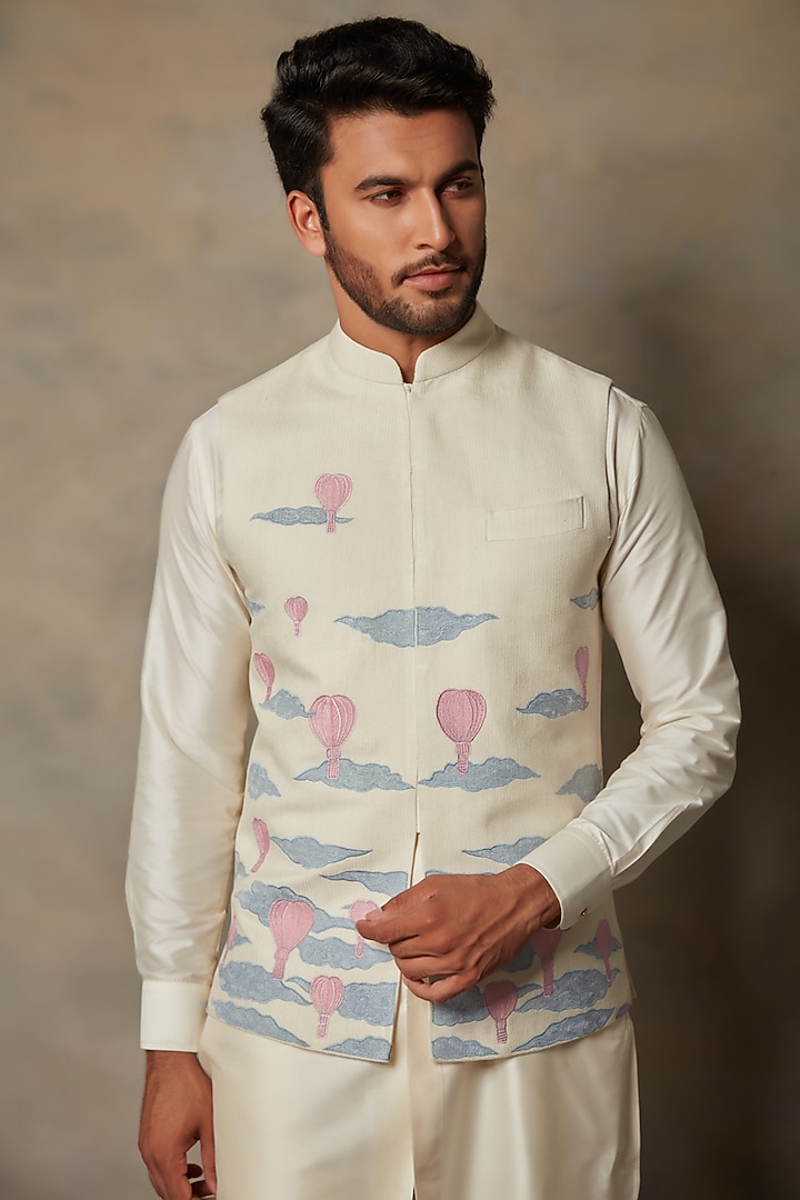 White Silk Applique Embellished Bundi Jacket Set by Gargee Designers at Pernia's Pop Up Shop