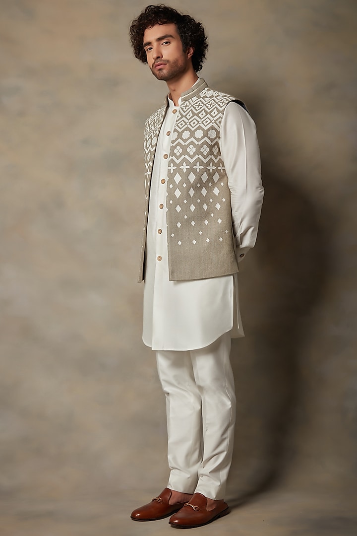 Beige & Grey Silk Embellished Indowestern Set by Gargee Designers