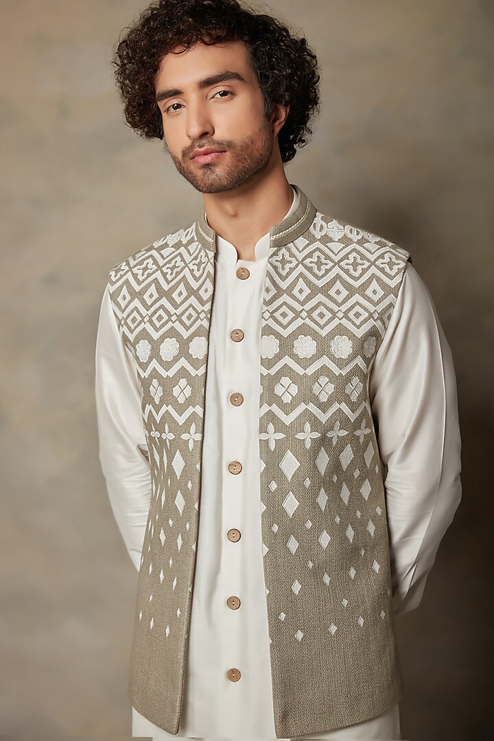 Beige & Grey Silk Embellished Wedding Indowestern Set by Gargee Designers at Pernia's Pop Up Shop