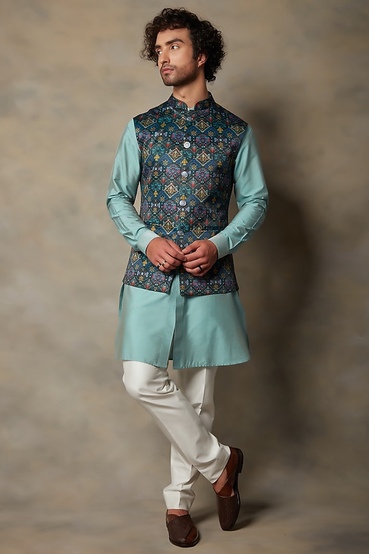Teal Printed Bundi Jacket With Kurta Set by Gargee Designers at Pernia's Pop Up Shop
