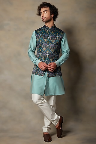 Teal Printed Bundi Jacket With Kurta Set by Gargee Designers
