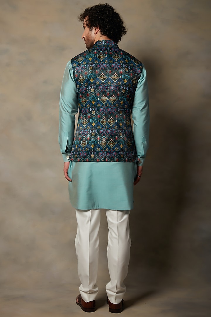 Teal Printed Bundi Jacket With Kurta Set by Gargee Designers at Pernia's Pop Up Shop