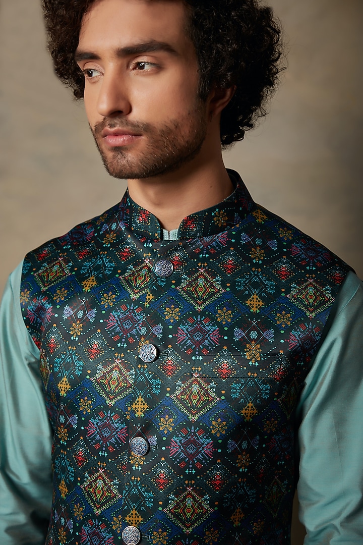 Teal Printed Bundi Jacket With Kurta Set by Gargee Designers at Pernia's Pop Up Shop