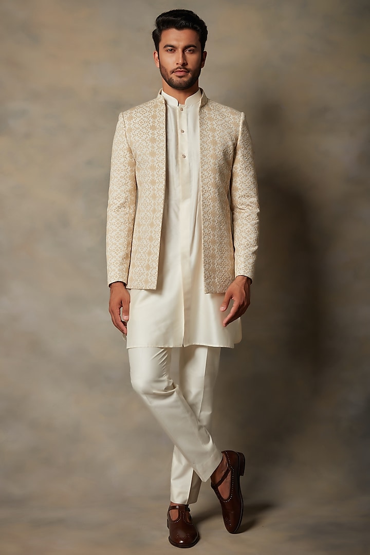 Beige Embroidered Bandhgala Jacket With Kurta Set by Gargee Designers