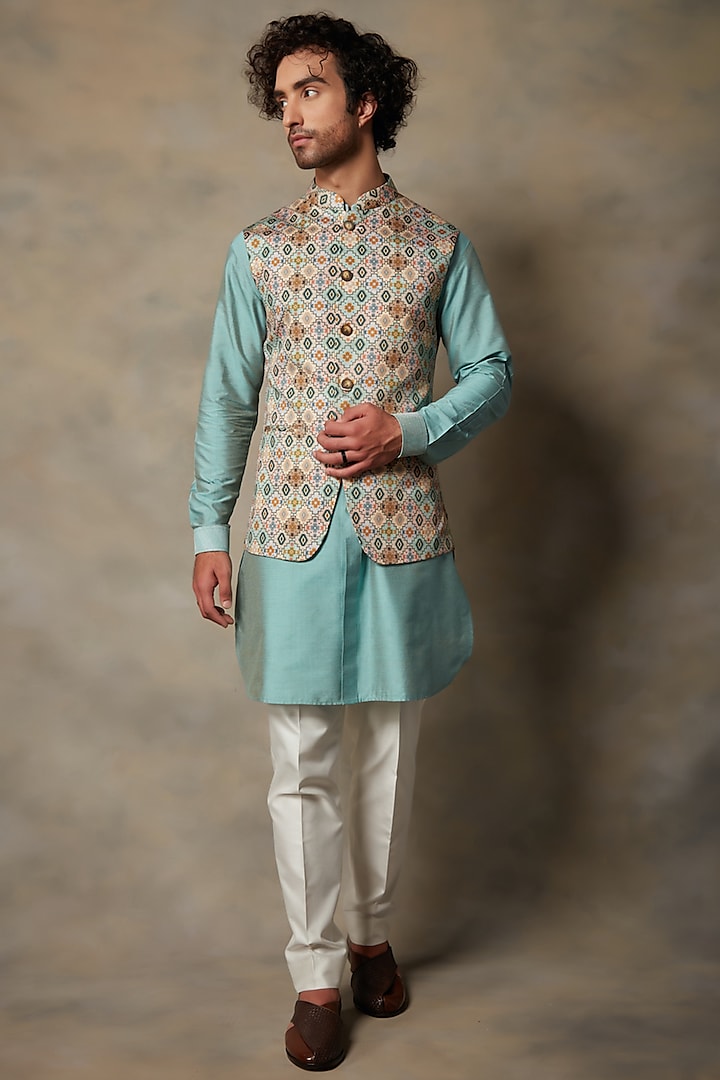 Multi-Colored Printed Bandhgala Jacket With Kurta Set by Gargee Designers