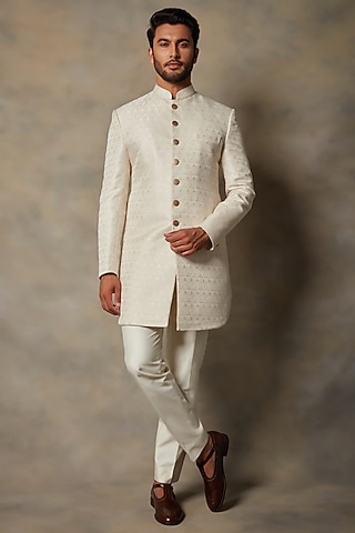 White Polyester sherwani Set by Gargee Designers