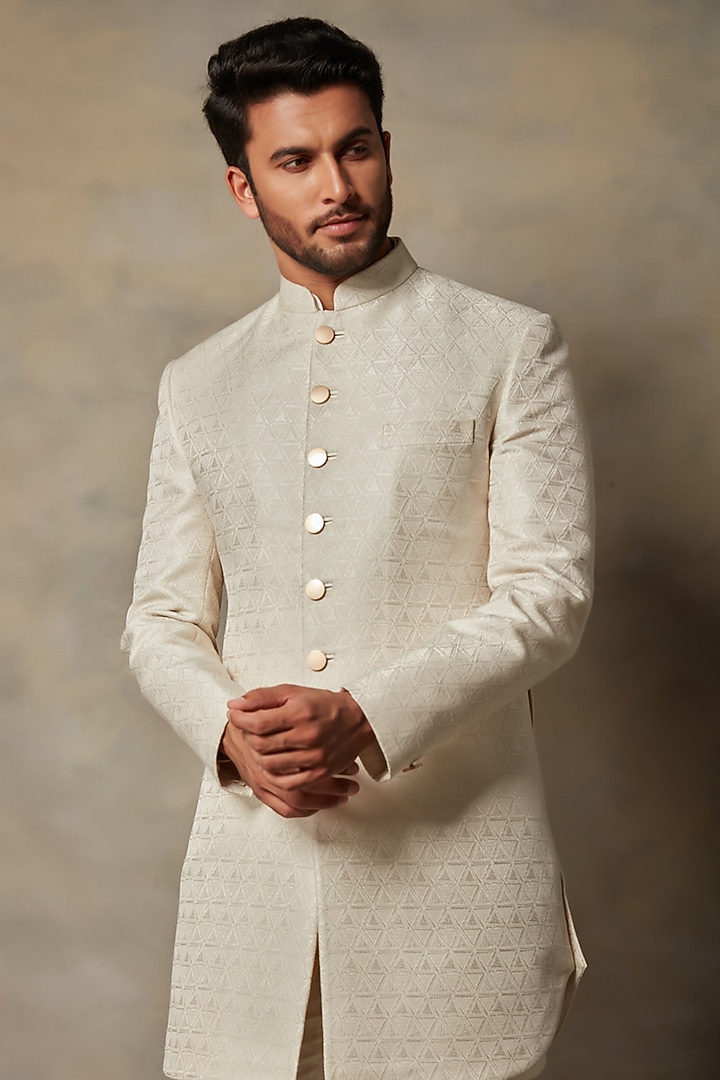 White Polyester Wedding Sherwani Set by Gargee Designers at Pernia's Pop Up Shop