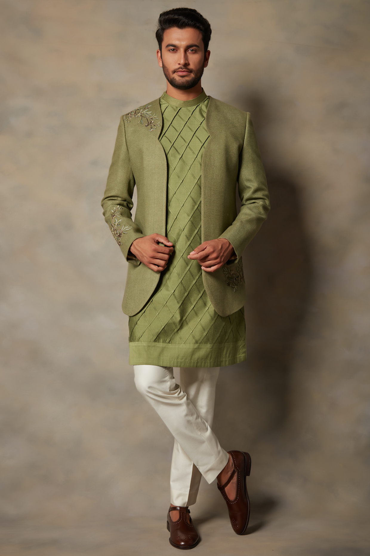 Green Embroidered Wedding Indowestern Set by Gargee Designers at Pernia's Pop Up Shop