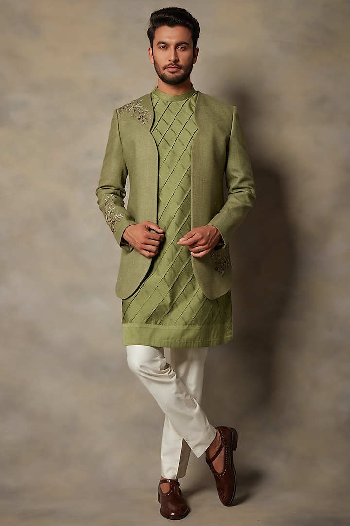 Green Embroidered Wedding Indowestern Set by Gargee Designers at Pernia's Pop Up Shop