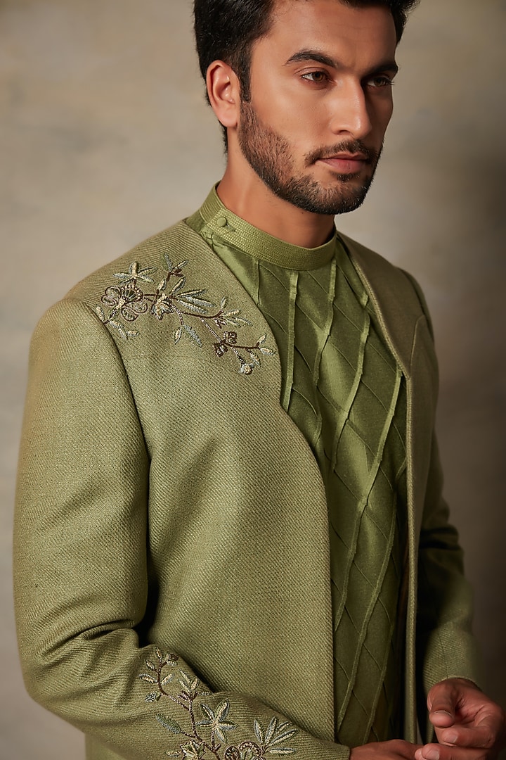 Green Embroidered Wedding Indowestern Set by Gargee Designers at Pernia's Pop Up Shop
