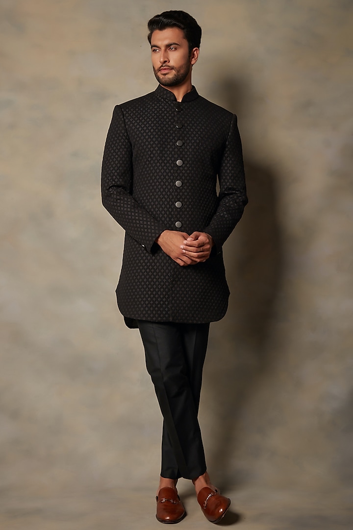 Black Polyester Indo Western Jacket Set by Gargee Designers
