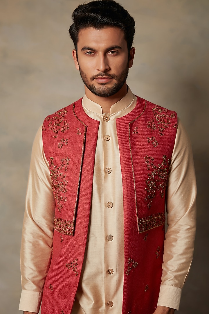 Red Matka Silk Embroidered Wedding Indowestern Set by Gargee Designers at Pernia's Pop Up Shop