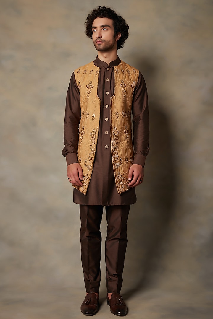 Gold Cotton Embroidered Bundi Jacket With Kurta Set by Gargee Designers