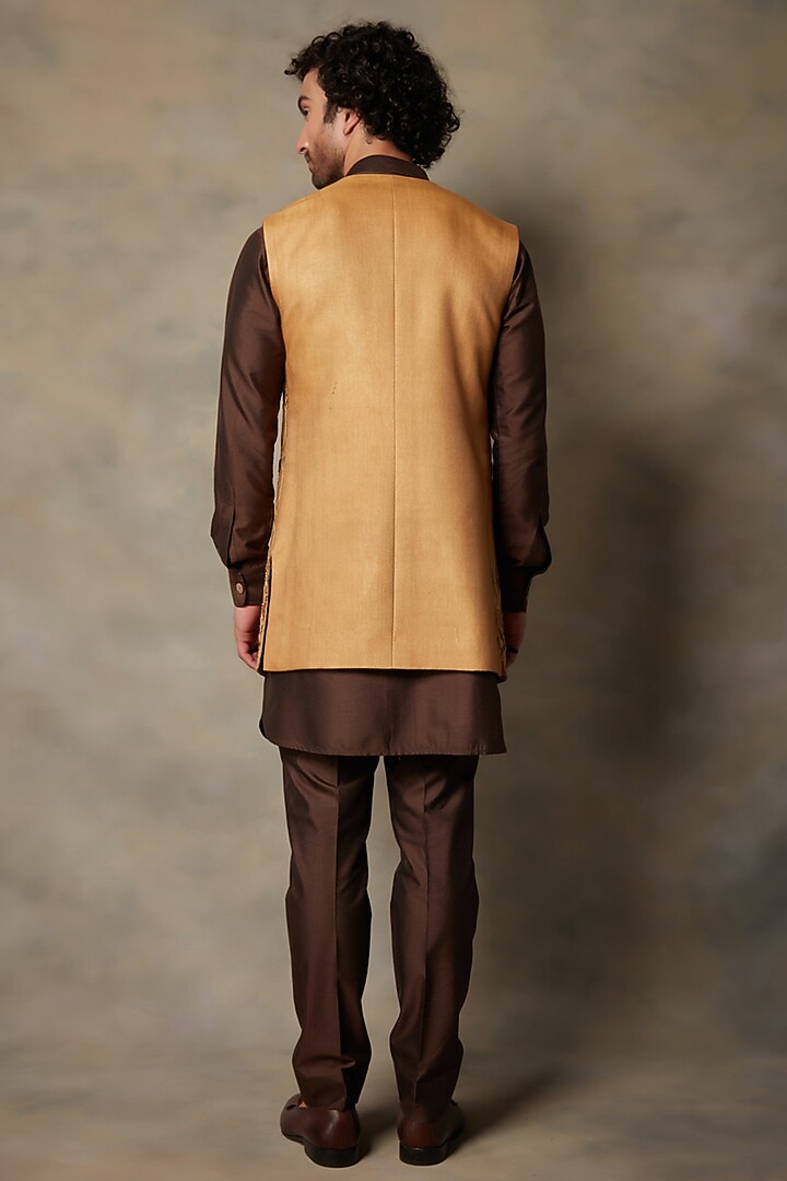 Gold Cotton Embroidered Bundi Jacket With Kurta Set by Gargee Designers at Pernia's Pop Up Shop