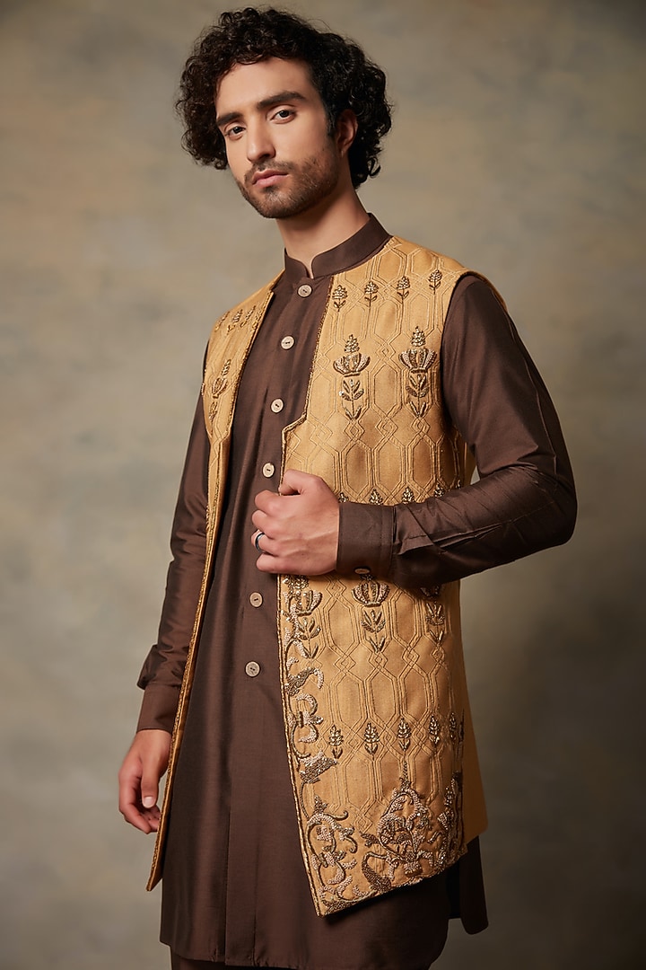 Gold Cotton Embroidered Bundi Jacket With Kurta Set by Gargee Designers at Pernia's Pop Up Shop