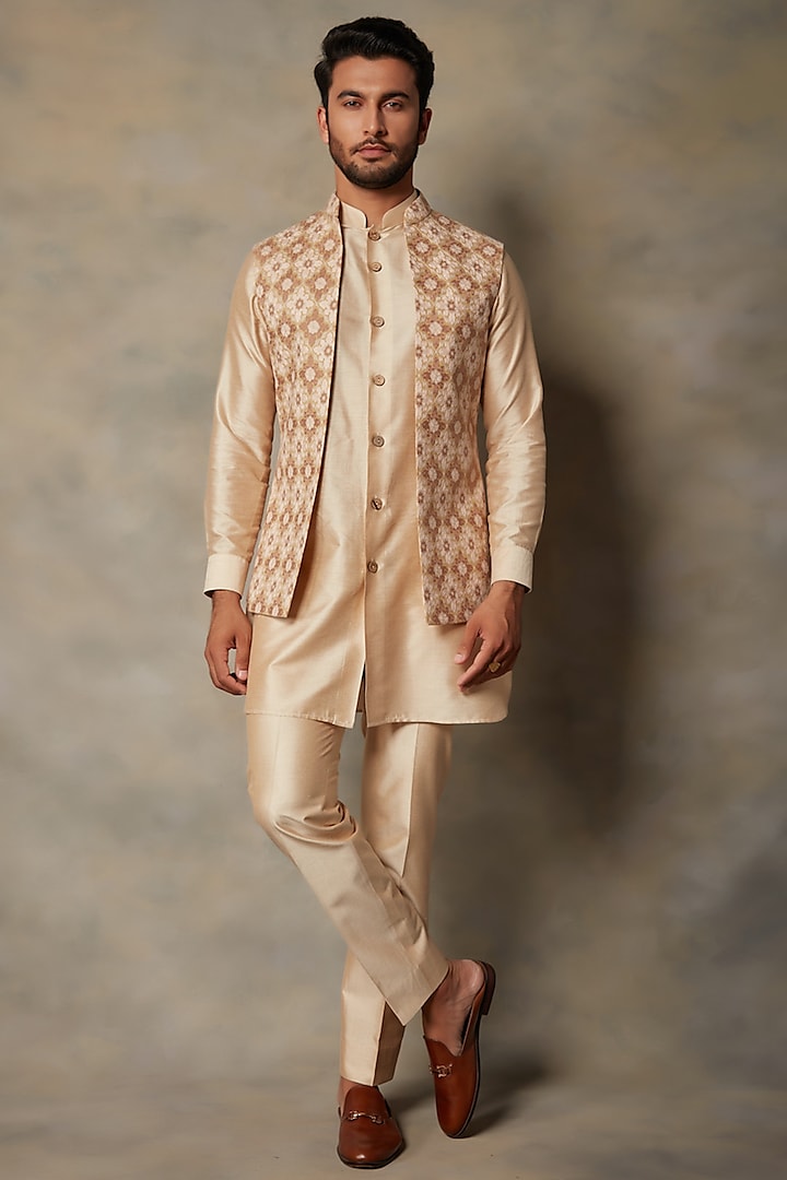 Beige Linen Embroidered Bundi Jacket With Kurta Set by Gargee Designers