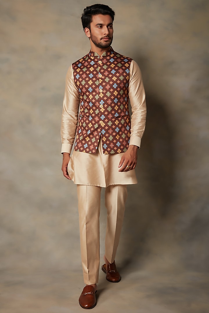 Brown Printed Bundi Jacket With Kurta Set by Gargee Designers