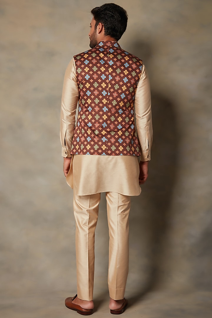 Brown Printed Bundi Jacket With Kurta Set by Gargee Designers at Pernia's Pop Up Shop