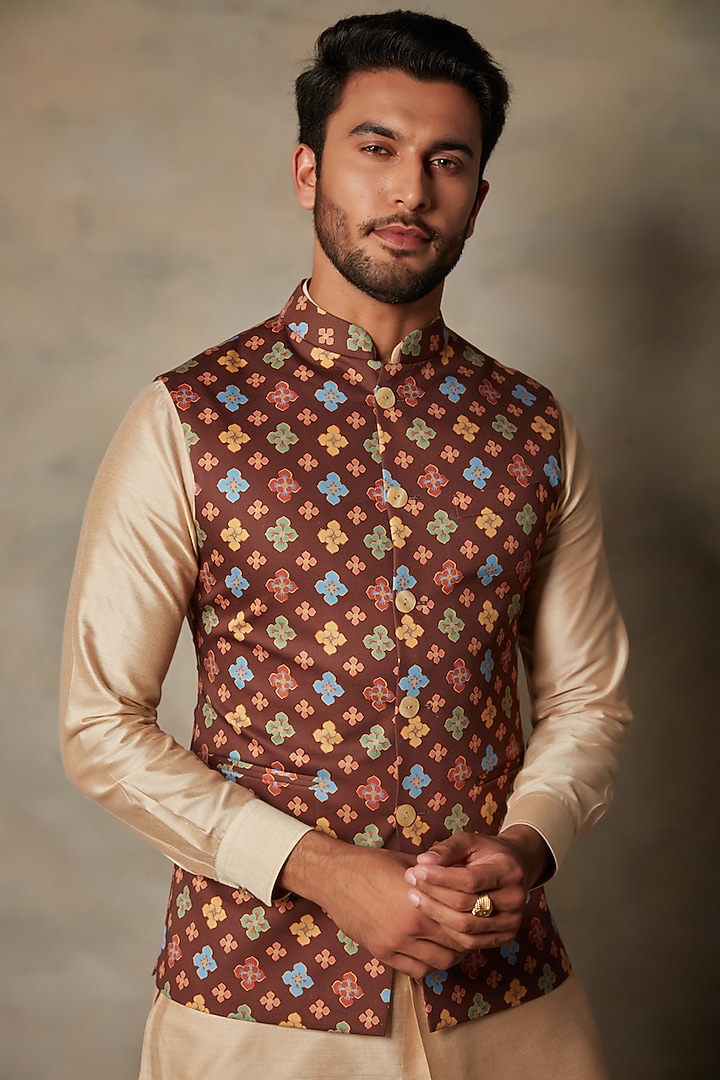 Brown Printed Bundi Jacket With Kurta Set by Gargee Designers at Pernia's Pop Up Shop