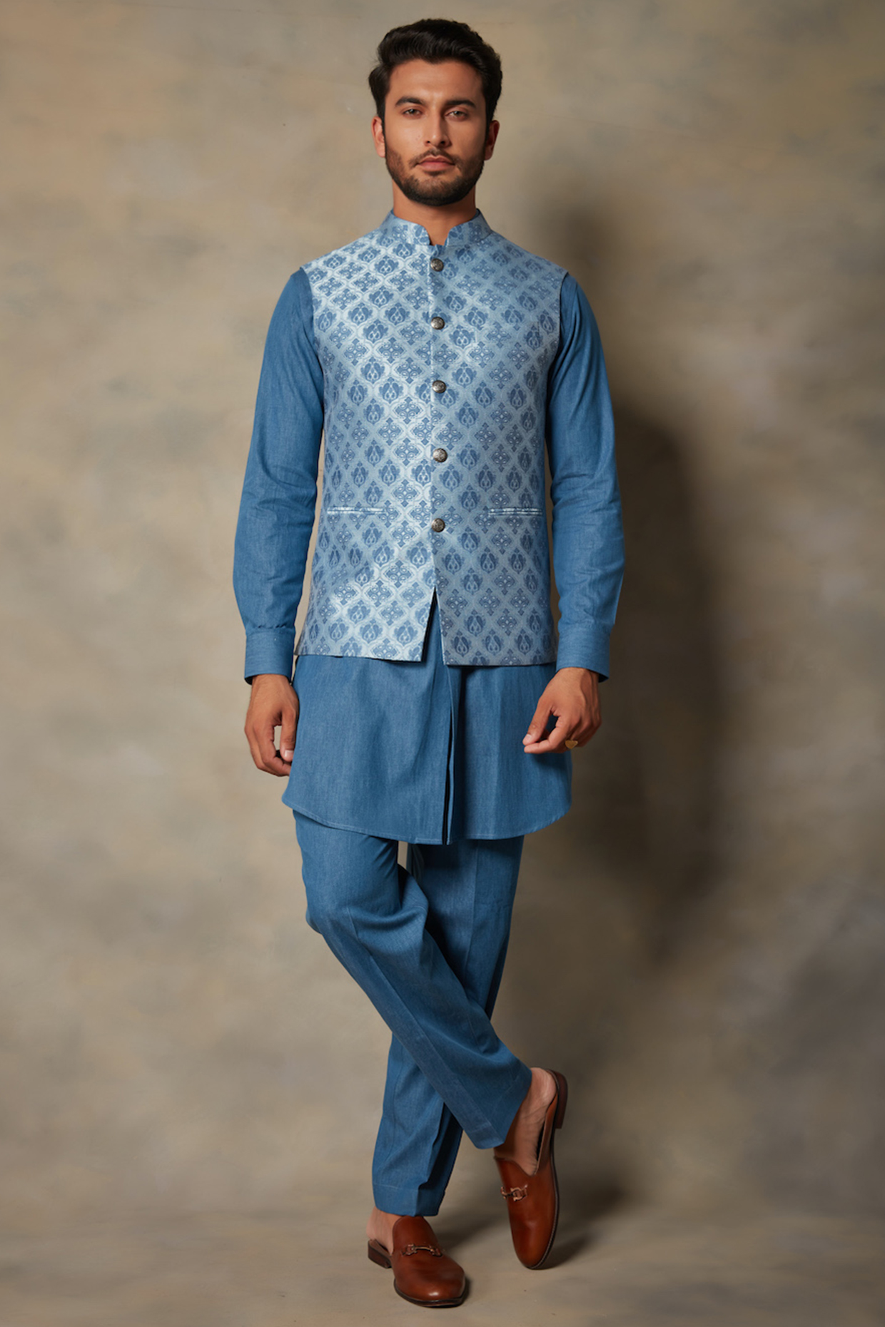 Aqua Blue Polyester Bundi Jacket With Kurta Set by Gargee Designers at Pernia's Pop Up Shop